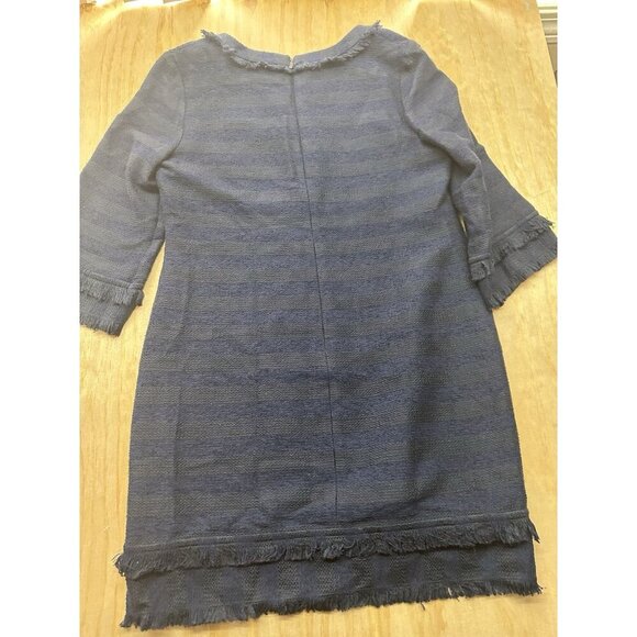Trina Turk Navy Blue Tweed Dress Fringe Shift Career Sz 12 Textured Knit Party - Picture 3 of 6